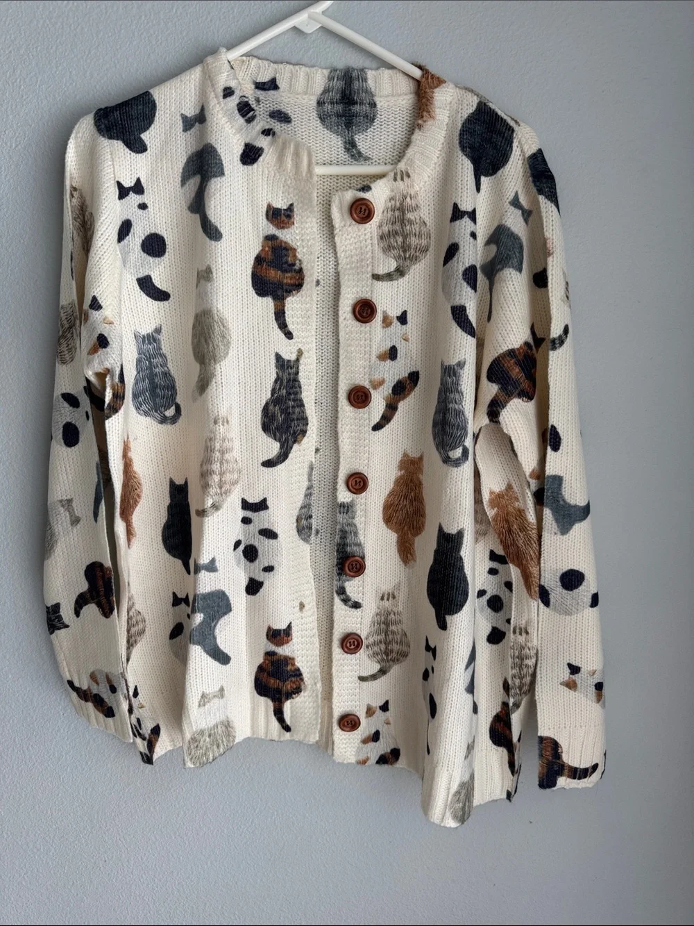 Cream Cat Print Button-Up Cardigan Sweater